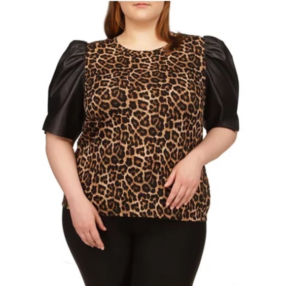 MICHAEL Kors Knit Jersey Cheetah Print Short Puff Sleeve Nubian Leather Top - Picture 2 of 11